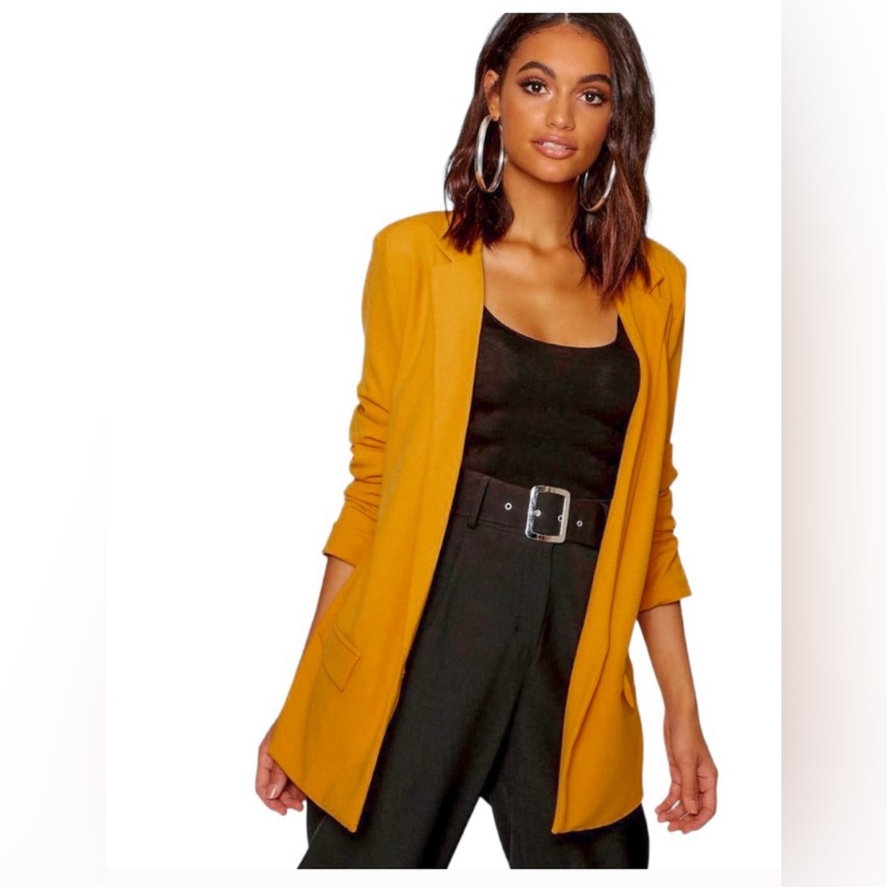 Boohoo Mustard Ruched Sleeve Blazer Size 10